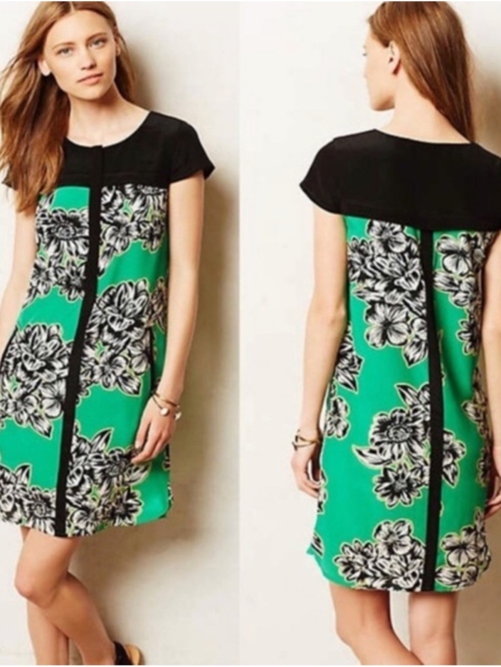 Maeve Anthropologie Ayame Silk Dress green black floral pockets